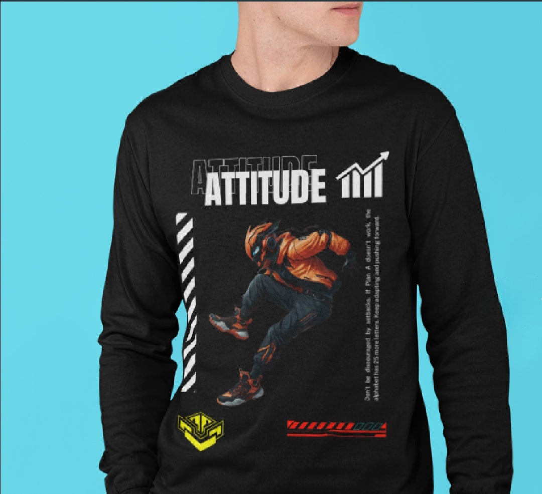 "Men’s Full-Sleeve 'ATTITUDE' T-Shirt – Bold Motivational Graphic with Dynamic Action Figure"