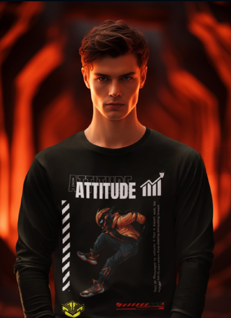 "Men’s Full-Sleeve 'ATTITUDE' T-Shirt – Bold Motivational Graphic with Dynamic Action Figure"