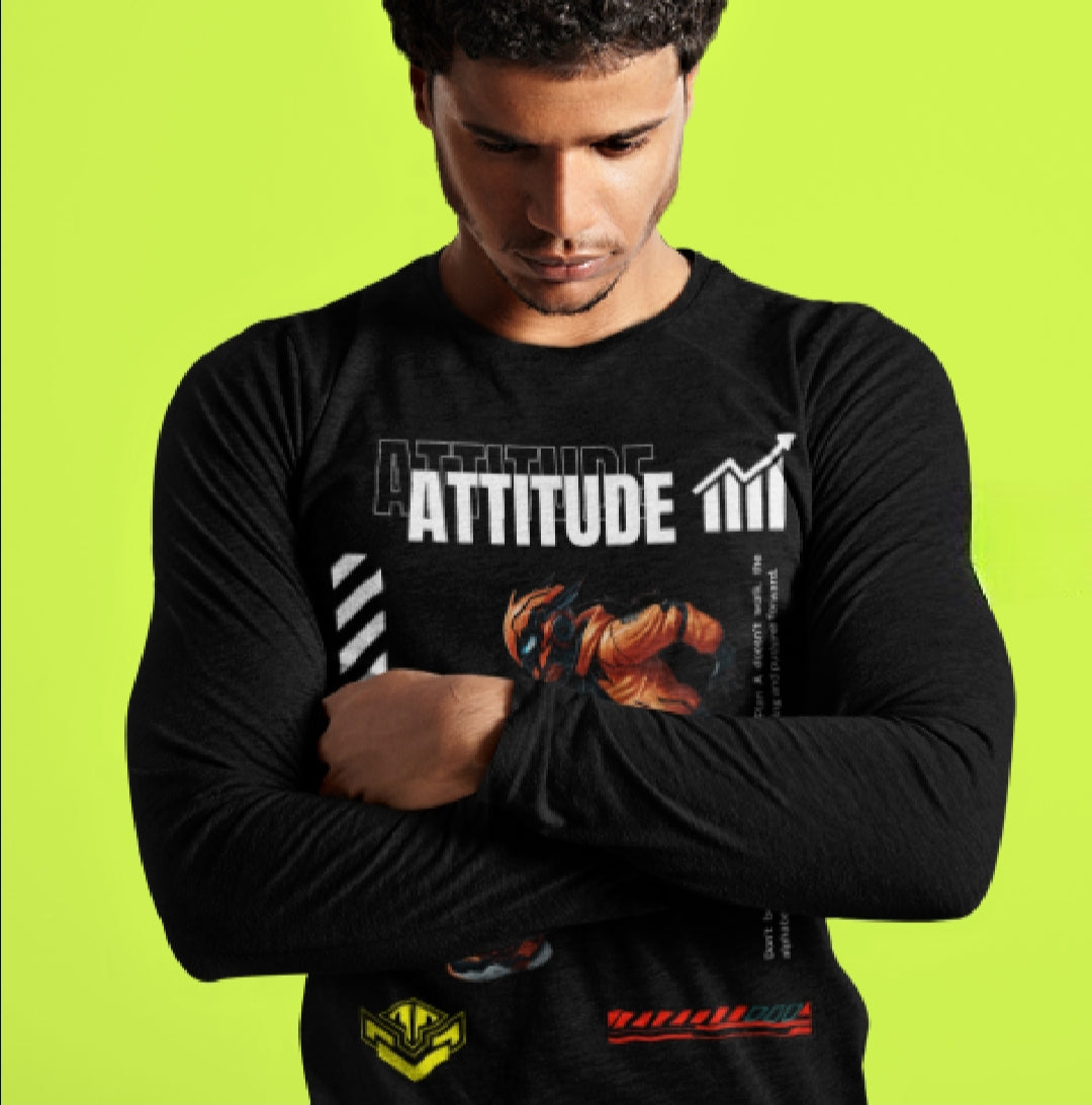 "Men’s Full-Sleeve 'ATTITUDE' T-Shirt – Bold Motivational Graphic with Dynamic Action Figure"