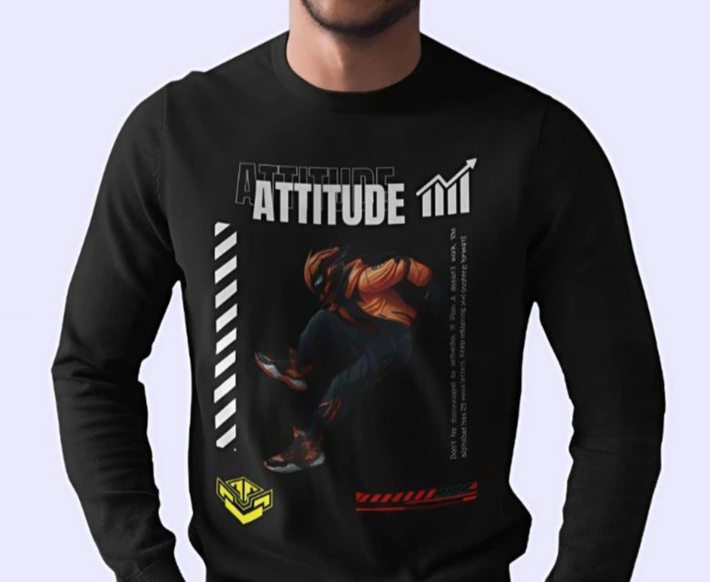 "Men’s Full-Sleeve 'ATTITUDE' T-Shirt – Bold Motivational Graphic with Dynamic Action Figure"