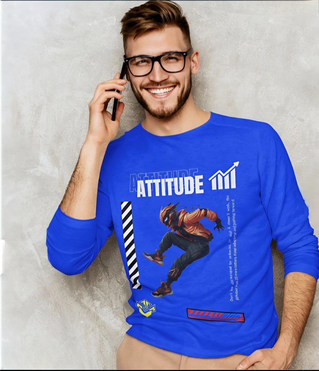 "Men’s Full-Sleeve 'ATTITUDE' T-Shirt – Bold Motivational Graphic with Dynamic Action Figure"