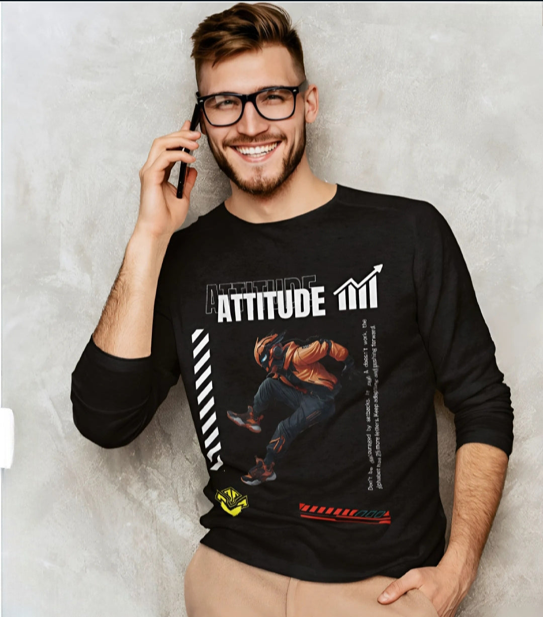 "Men’s Full-Sleeve 'ATTITUDE' T-Shirt – Bold Motivational Graphic with Dynamic Action Figure"