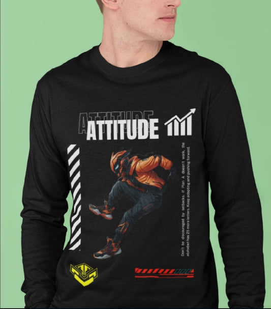"Men’s Full-Sleeve 'ATTITUDE' T-Shirt – Bold Motivational Graphic with Dynamic Action Figure"
