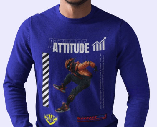 "Men’s Full-Sleeve 'ATTITUDE' T-Shirt – Bold Motivational Graphic with Dynamic Action Figure"