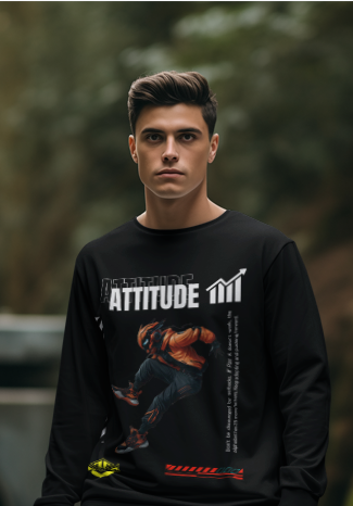"Men’s Full-Sleeve 'ATTITUDE' T-Shirt – Bold Motivational Graphic with Dynamic Action Figure"